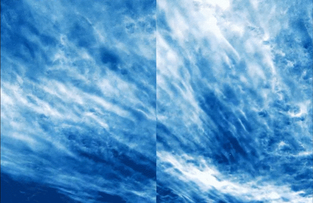 Two side-by-side animations show wispy, blue-white clouds moving across a dark blue sky.