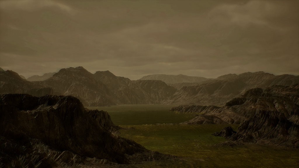 Representación digital de un lago de hidrocarburos y nubes de lluvia de metano en Titán.