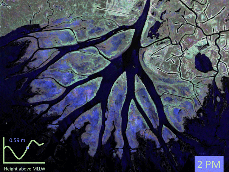 False-color images of rising tide at Wax Lake Delta, Louisiana, made by JPL's Uninhabited Aerial Vehicle Synthetic Aperture Radar instrument on Oct. 17, 2016. Red, blue and green correspond to different land-surface properties. Rising water appears as increasing darkness. Credit: NCAR/JPL-Caltech.