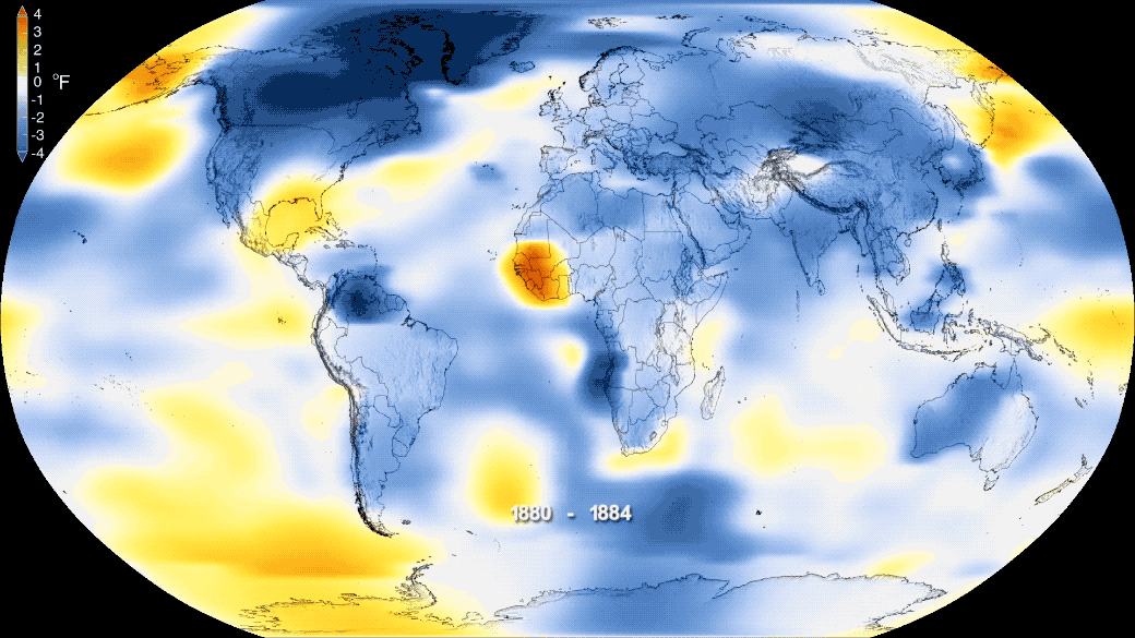 Earth’s long-term warming trend can be seen in this visualization of NASA’s global temperature record, which shows how the planet’s temperatures are changing over time, compared to a baseline average from 1951 to 1980. The record is shown as a running five-year average. Credit: NASA’s Scientific Visualization Studio/Kathryn Mersmann. Download related visualizations here.