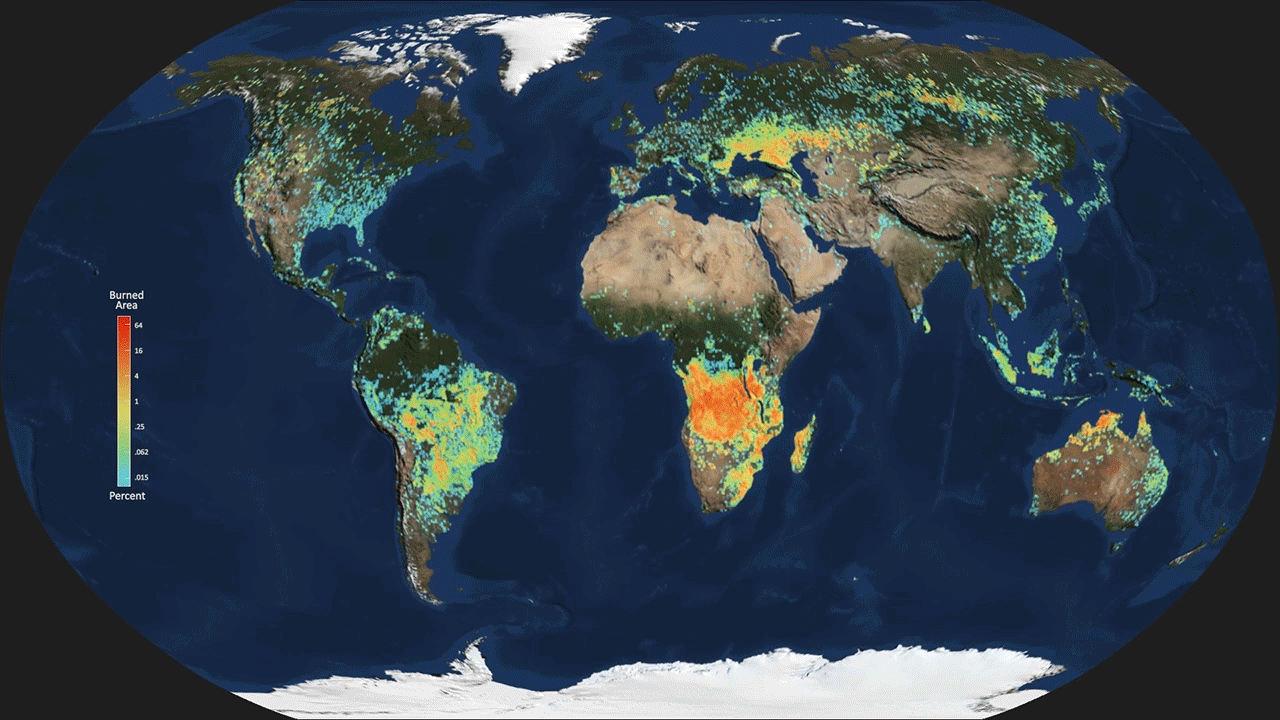 Map of the world from space highlighting burn areas.