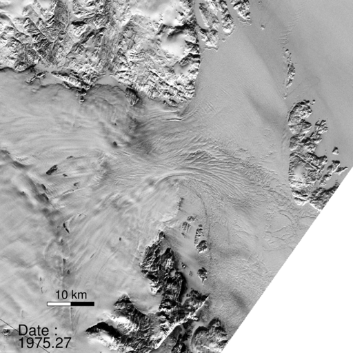 Image time series of Greenland's Zachariæ Isstrøm glacier as seen by the NASA/USGS Landsat satellite. Retreat of the glacier front is indicated by lines, color-coded from dark green (2003) to light green (2015). Credit: NASA/USGS