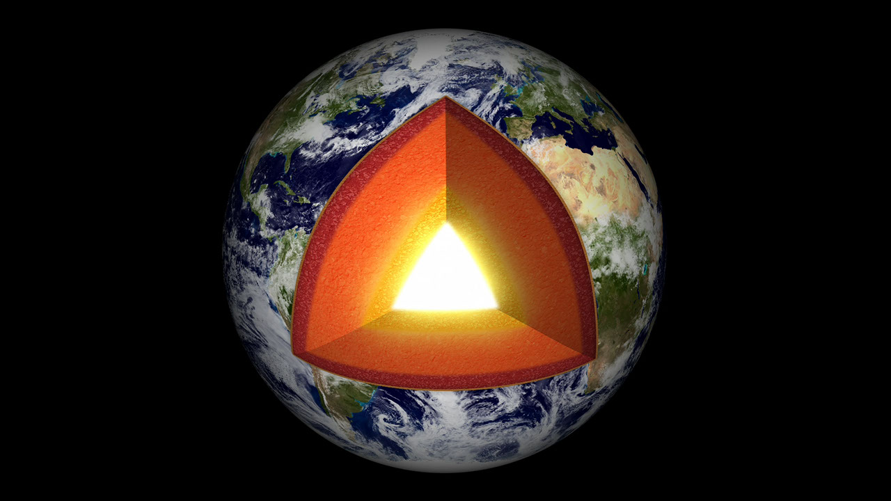 Cutaway of Earth's interior showing multiple straited layers from the outer crust to the Earth’s core.