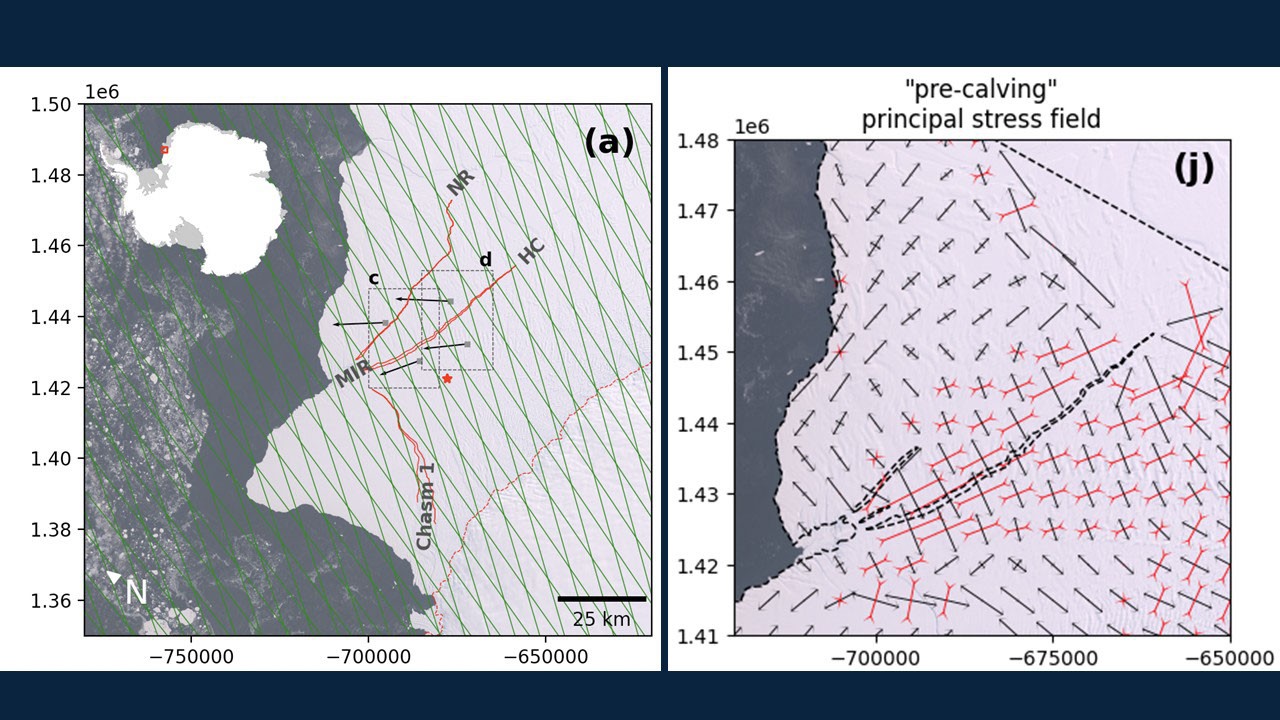 map of the Antarctic coastline with lines and line segments overlaid on the ice