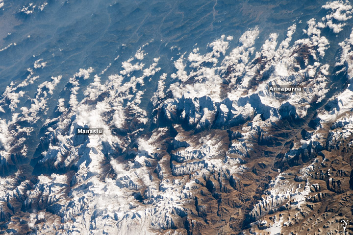 Annapurna and Manaslu, photographed from the ISS while it was above Tibet.