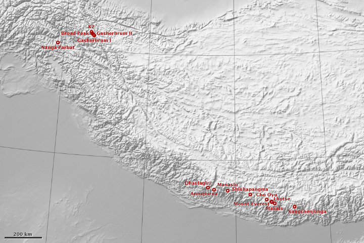 Shaded relief map of the Himalaya and Karakoram, with locations of the 8,000-meter peaks.