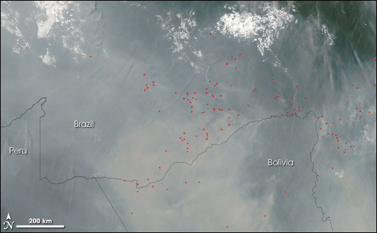 Satellite image of smoke and fire detection for the area of Acre, Brazil