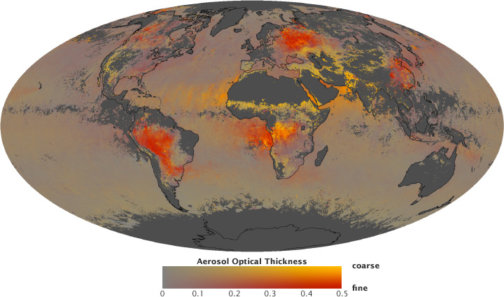 Map of aerosol optical thickness and fine particle fraction for August 2010.