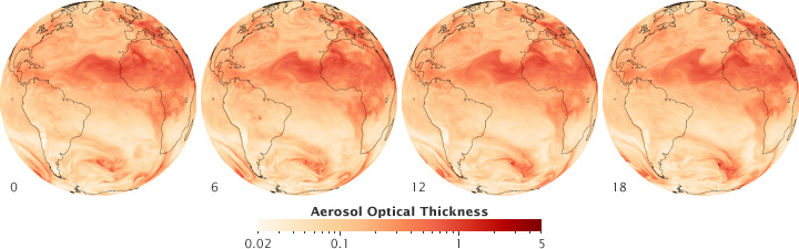 Maps of dust aerosols crossing the Atlantic.