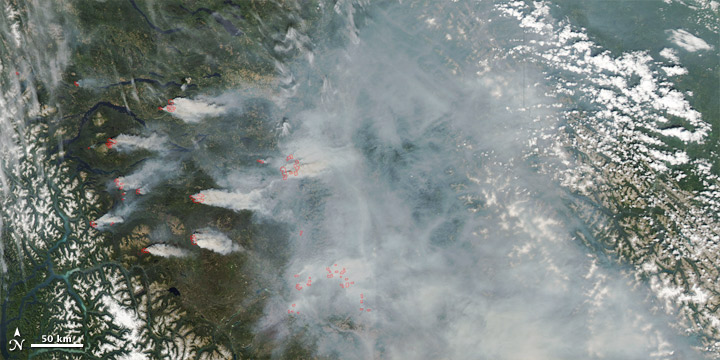 Satellite image of smoke and fires in British Columbia, Canada.
