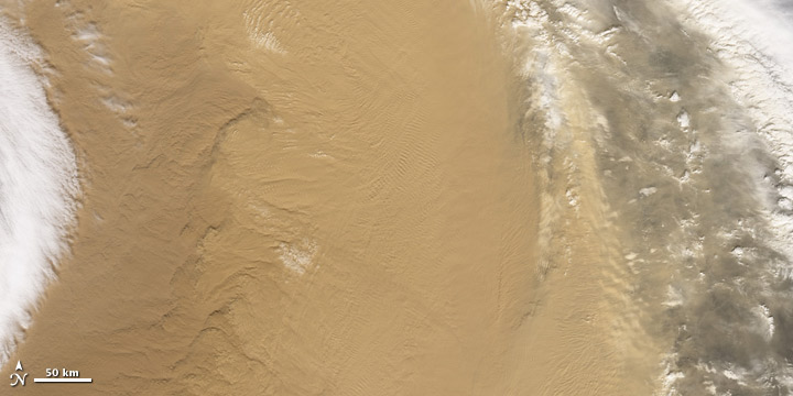 Satellite image of dust over the Gobi Desert.