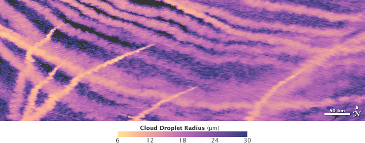 Map of the cloud droplet radius of ship tracks and clean clouds in the North Pacific.
