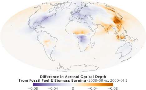 Map of difference in aerosol optical depth from 2008-09 vs. 2000-01 from the GOCART computer model.