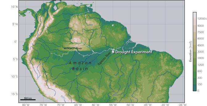 Map of Amazon Basin and rainfall exclusion area