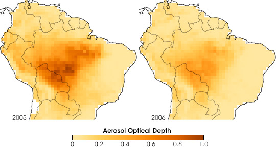 Maps of aerosol optical depth over the Amazon from 2005 and 2006.