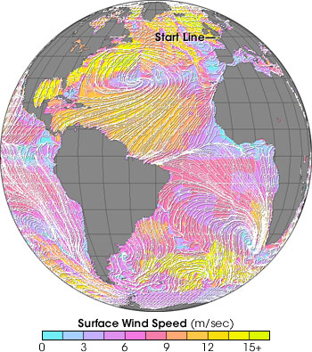 Satellite map of Atlantic Ocean winds on February 7, 2004