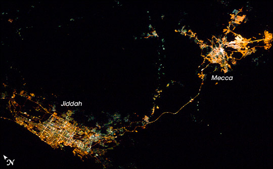Mecca and Jidah at night. Photograph taken from the International Space Station.