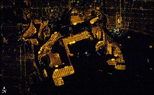 Port of Long Beach at night. Photograph from the International Space Station.