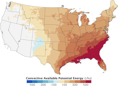 Map of modeled change in convective available potential energy in the U.S.
