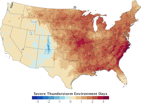 Map of modeled change in severe thunderstorm environment days in the U.S.