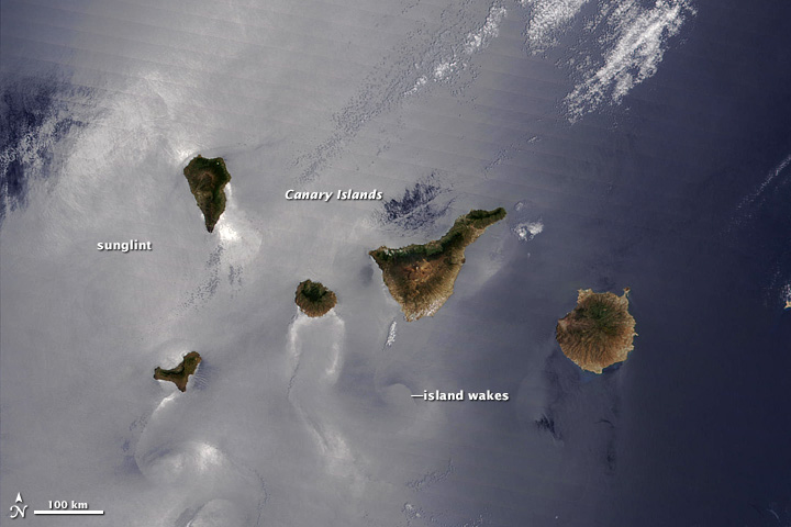 Sunglint and island wakes around the Canary Islands.