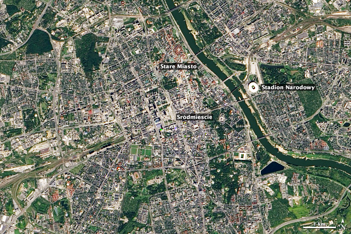 Satellite image of Warsaw, Poland.