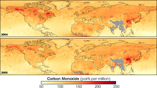 Maps of satellite data comparing carbon monoxide in 2004 and 2005