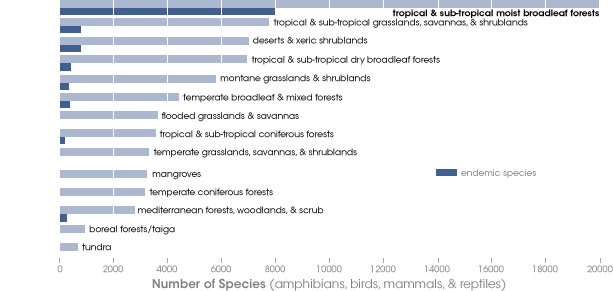 Graph showing number of species in each of the Earth's 14 biomes.