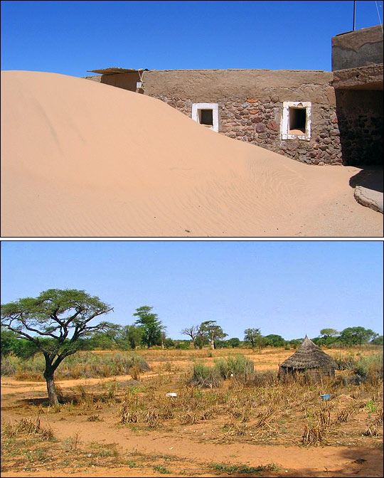 Photographs of encroaching dunes in Western Sahara and possible desertification in a village in Senegal.