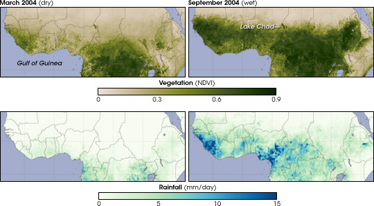 Maps comparing vegetation and rainfall during the dry and wet season of 2004