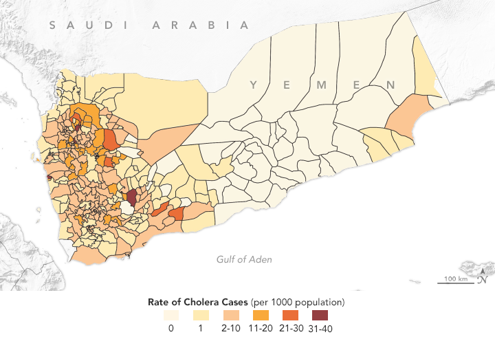 The map shows the distribution of cholera cases in Yemen in June 2017
