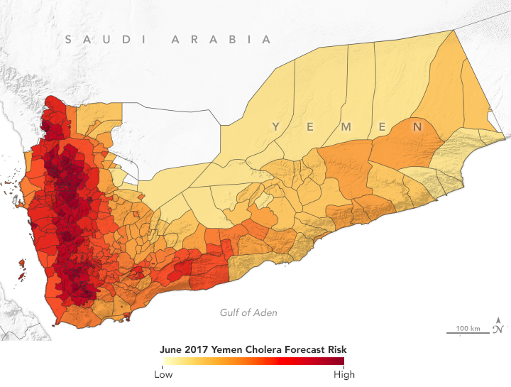 This map shows a prediction of the risk of cholera in Yemen in June 2017.