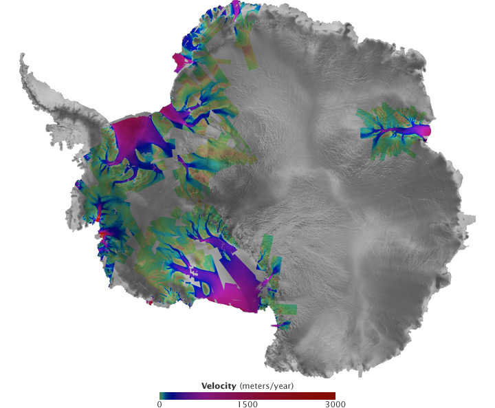 Satellite map of ice flow rate in Antarctica.