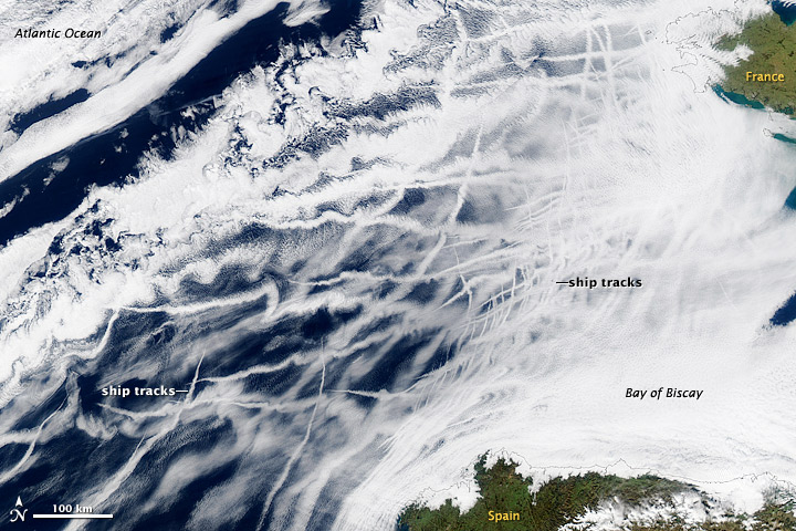 Satellite image of ship tracks in the clouds of the marine layer off the coast of the Iberian Peninsula.