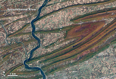 Satellite image of fall colors in the Susquehanna River Valley, Pennsylvania.