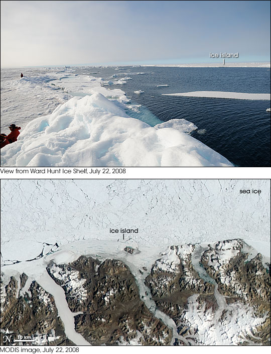 Ground-based photograph and satellite image of ice island calving from Ward Hunt on July 22, 2008.