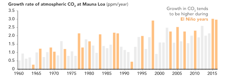 Chart of atmospheric CO2 growth rate at Mauna Loa.