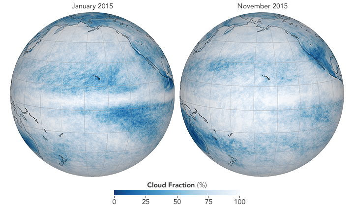 Maps showing cloud cover before and during an El Niño.