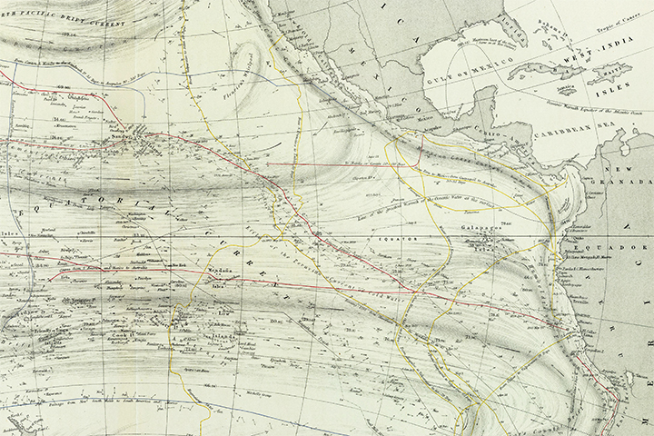 A historic map showing temperatures, currents, and known ship routes in 1856.