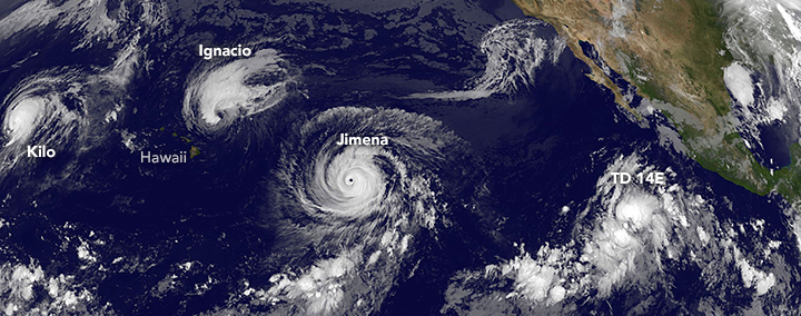 GOES-West satellite image of tropical cyclones.