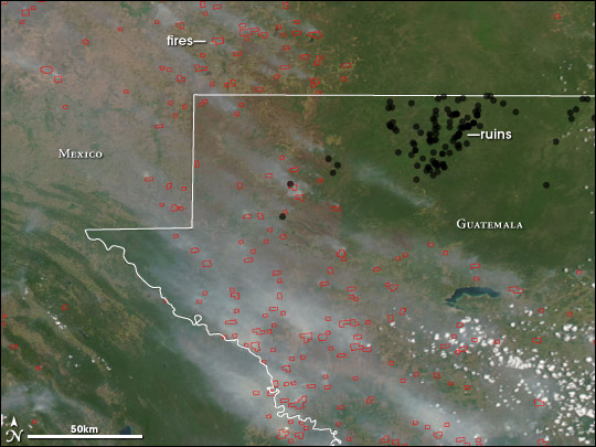 Satellite image and map of fires and Mayan ruins in Guatemala