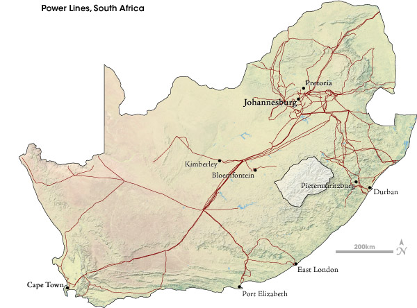 Map  of long-distance power transmission lines, South Africa.