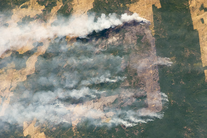 Photograph of agricultural burning in Brazil taken from the International Space Station.