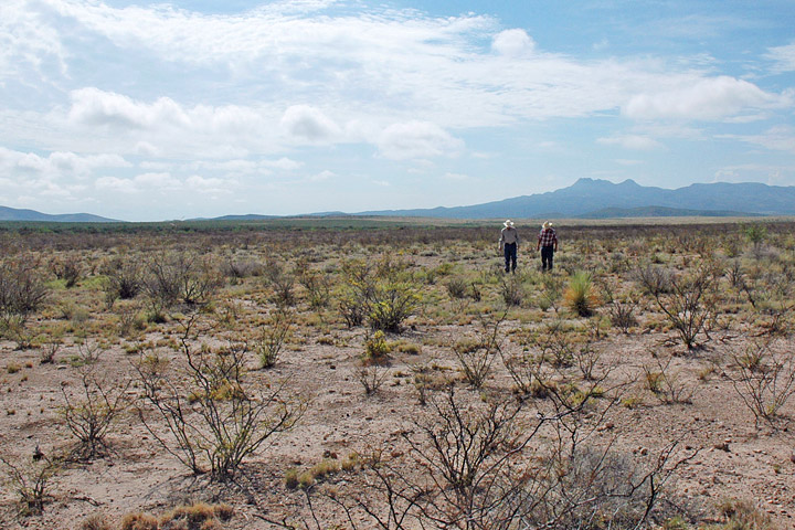 Two ranchers walk across the plains of drought-stricken West Texas in July 2011.