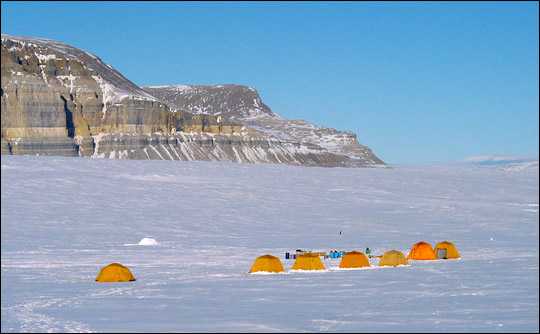 Photograph of researcher's tents on the Petermann Glacier, Greenland.