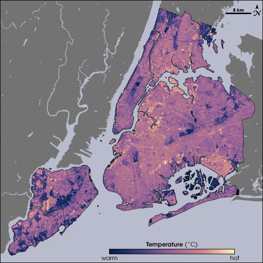 New York temperatures measured by Landsat, August 14, 2002