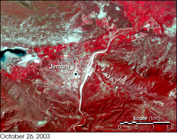 High-resolution satellite image from NASA�s Terra satellite showing Jimani, Dominican Republic, before May 2004 flood event on October 26, 2003.