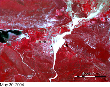 High-resolution satellite image from NASA�s Terra satellite showing Jimani, Dominican Republic, after May 2004 flood event on May 30, 2004.