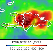 This false-color map of Hispaniola shows how much rain fell that week. Dark red shows where more than 500 mm of rain fell.