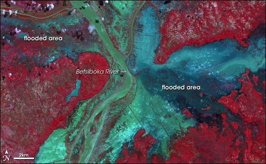 High-resolution satellite image of the Betsiboka River in flood during March 2004